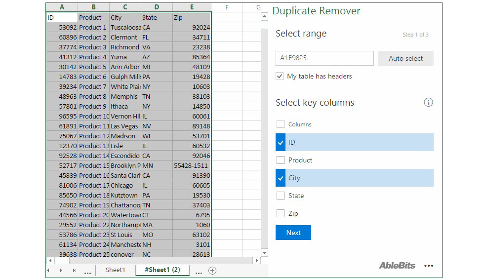 Select a table and key columns to find duplicates