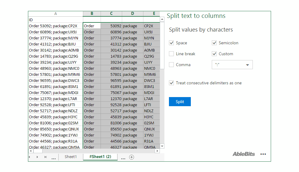Split values to columns by any characters