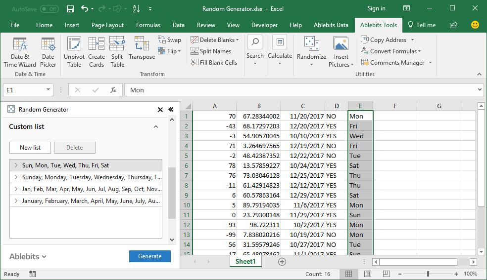 Get the values from your custom list randomly inserted into the selected cells