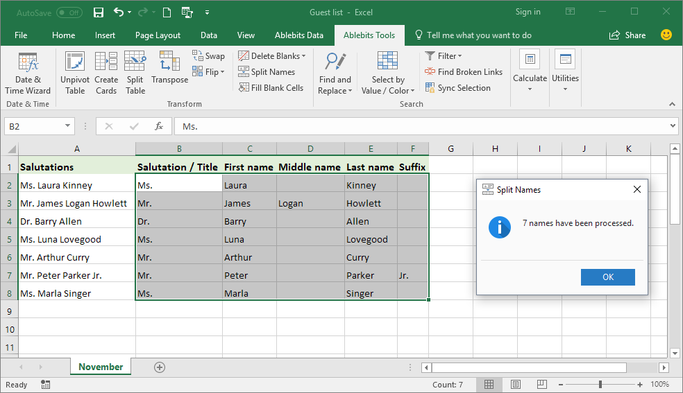 separate first name and last name in excel for mac