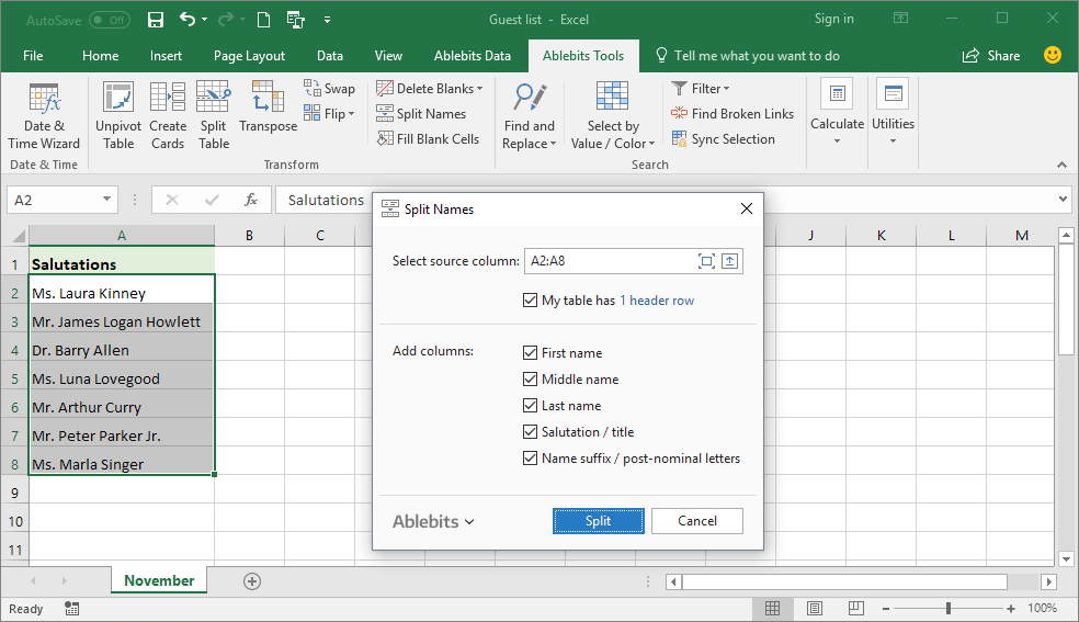 Use Split Names to separate first and last name in Excel ...