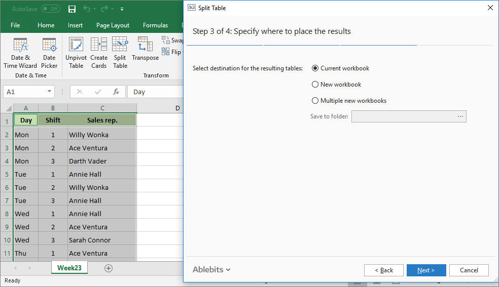 On Step 3 choose destination for the resulting split tables