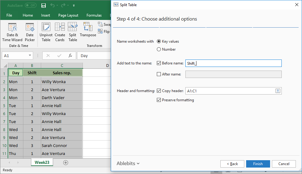 On Step 4 select additional options: worksheets names, header and formatting