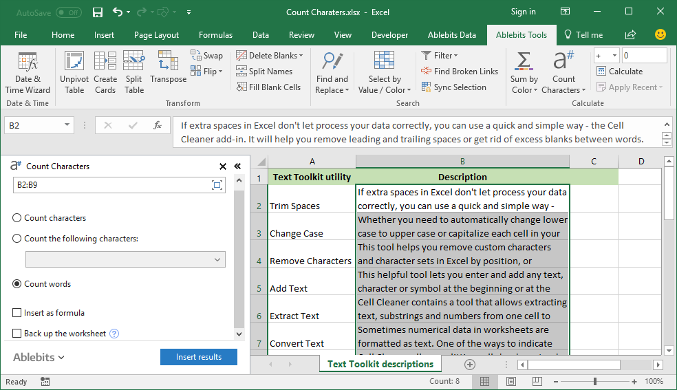 Choose the range and tick the checkbox <em>Count words</em>