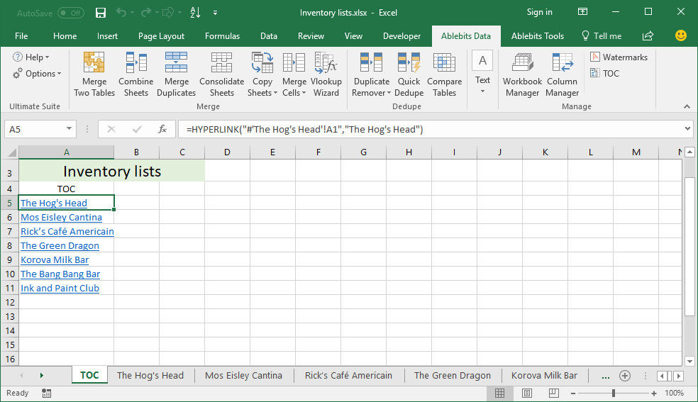 Excel TOC with hyperlinks is inserted
