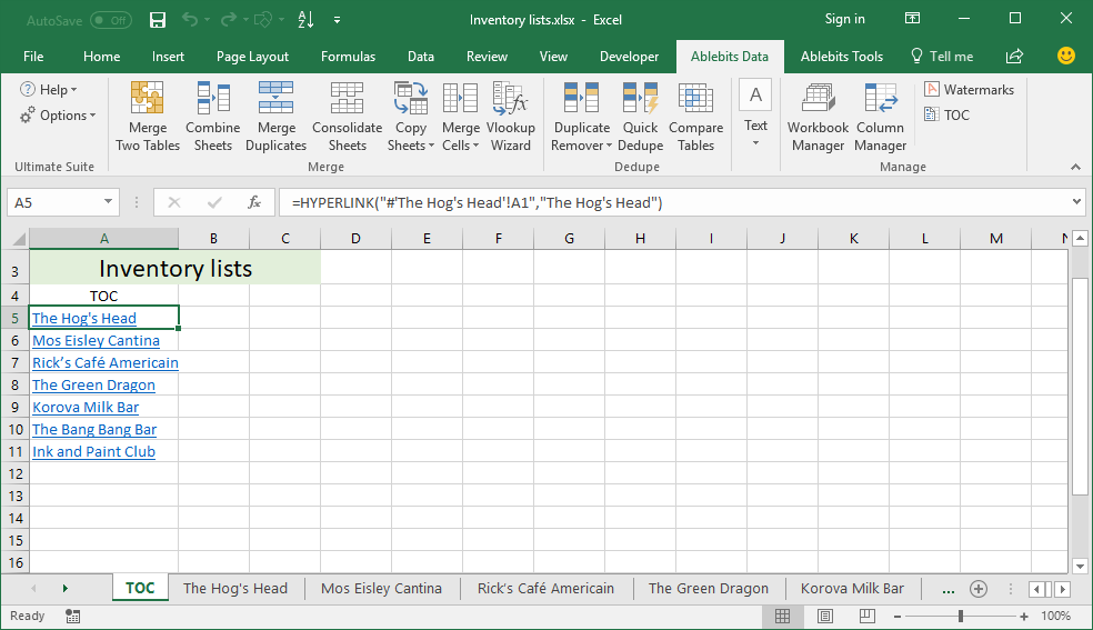 Create Excel table of contents with hyperlinks to other sheets