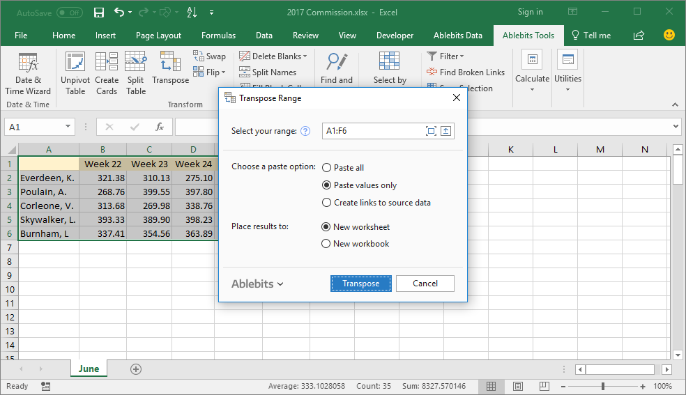 where is transpose button in excel