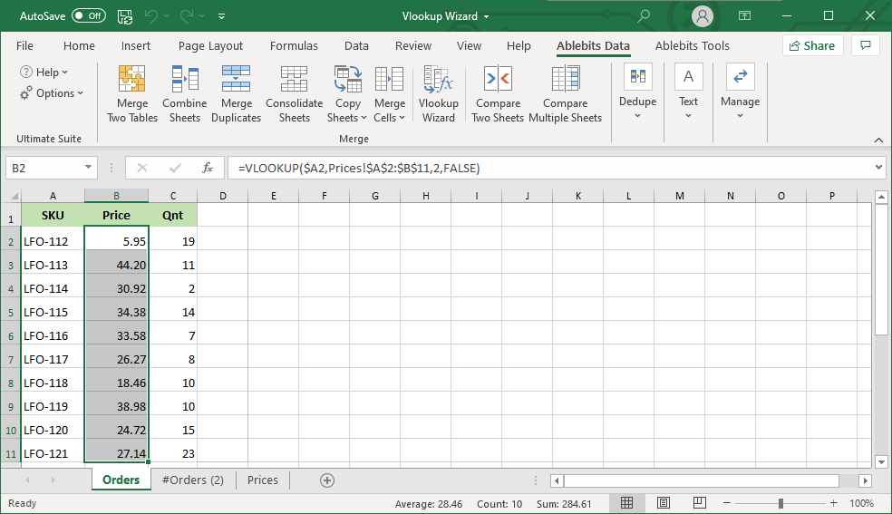 A VLOOKUP formula is built automatically and inserted in a new column in the main table