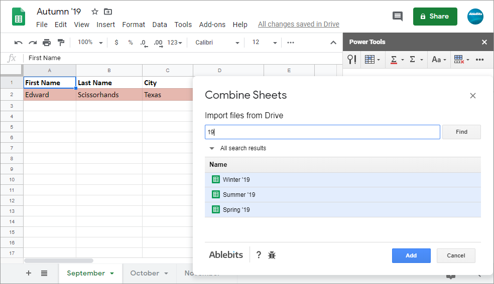 Use Quick Search to swiftly look for other spreadsheets to merge 