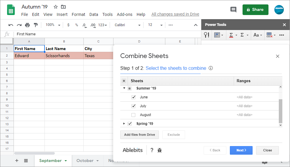 Tick off entire spreadsheets or separate sheets to bring them together