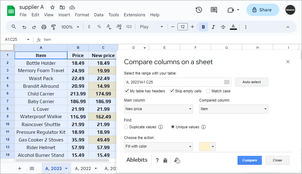 Add-on for Google Sheets to compare two columns for matches.