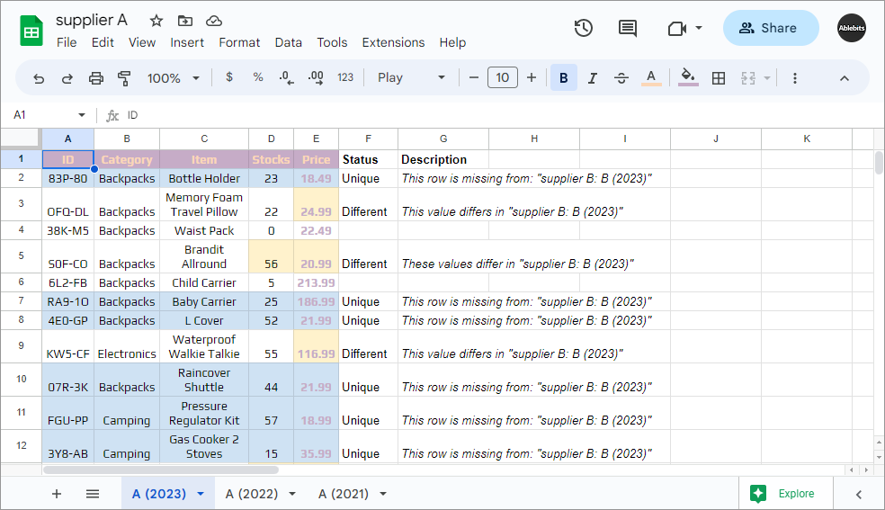Compare Google sheets and highlight differences.