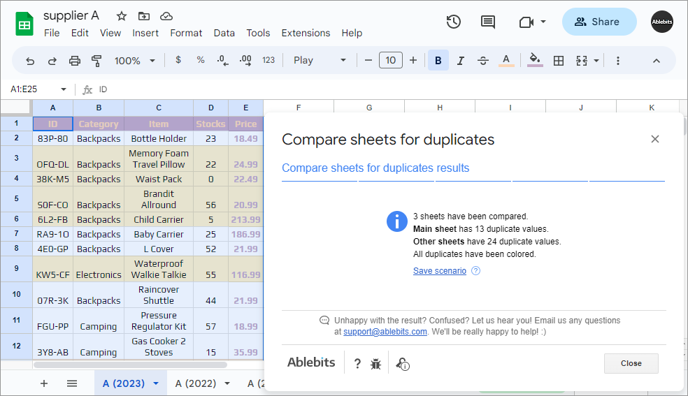 Compare columns in 2 Google sheets and highlight duplicate rows.