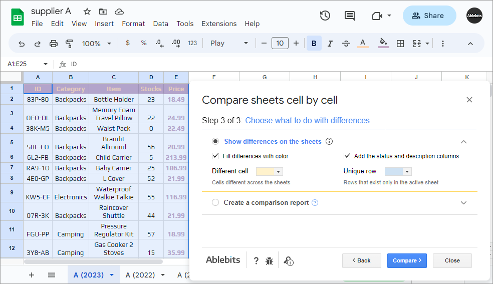 Compare Sheets for Google Sheets