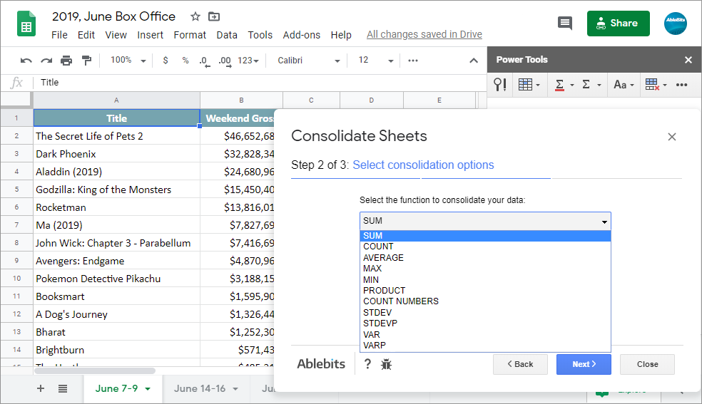 Pick the function to consolidate data in Google Sheets...