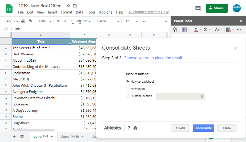 Choose where to place the resulting Google Sheets summary