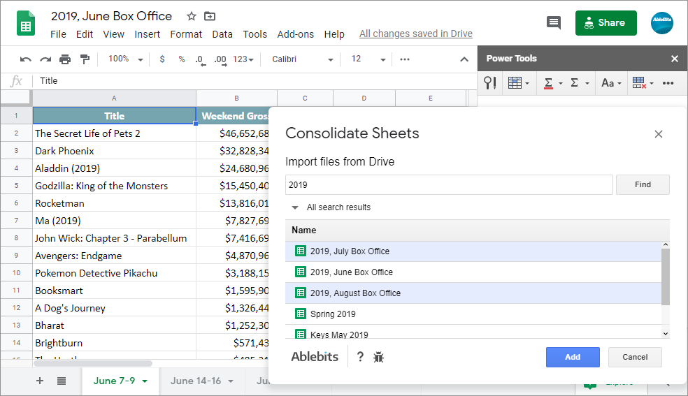 Add more files from your Drive to merge more Google sheets