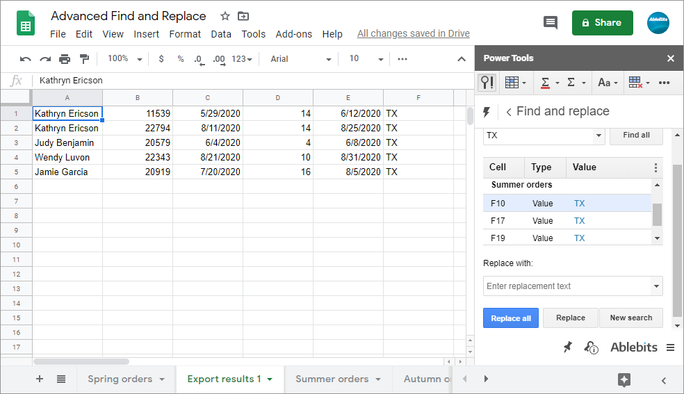 Advanced search in Google spreadsheet