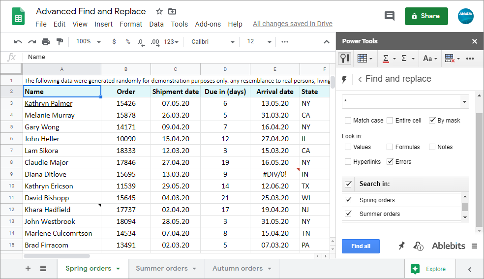 Make use of the <em>By mask</em> option and wildcard characters to search for all errors (or other types of data) across all sheets