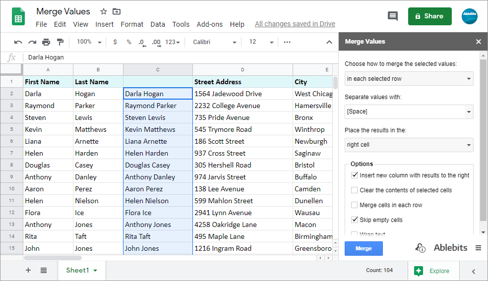 Combine first and last names in Google Sheets