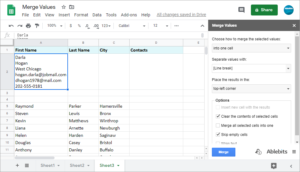 Merge cells without losing data in Google Sheets