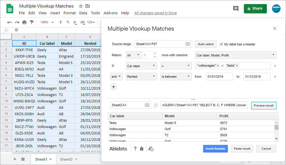 Select a cell for your future table and preview the result and the formula
