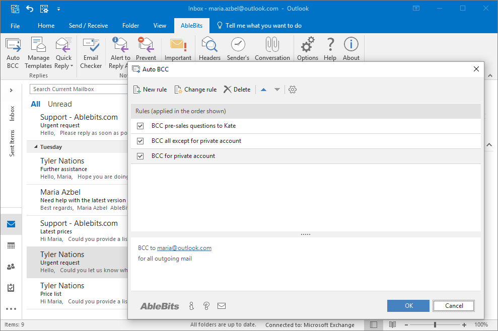 Send copies of your emails to specified addresses with Auto BCC for Outlook