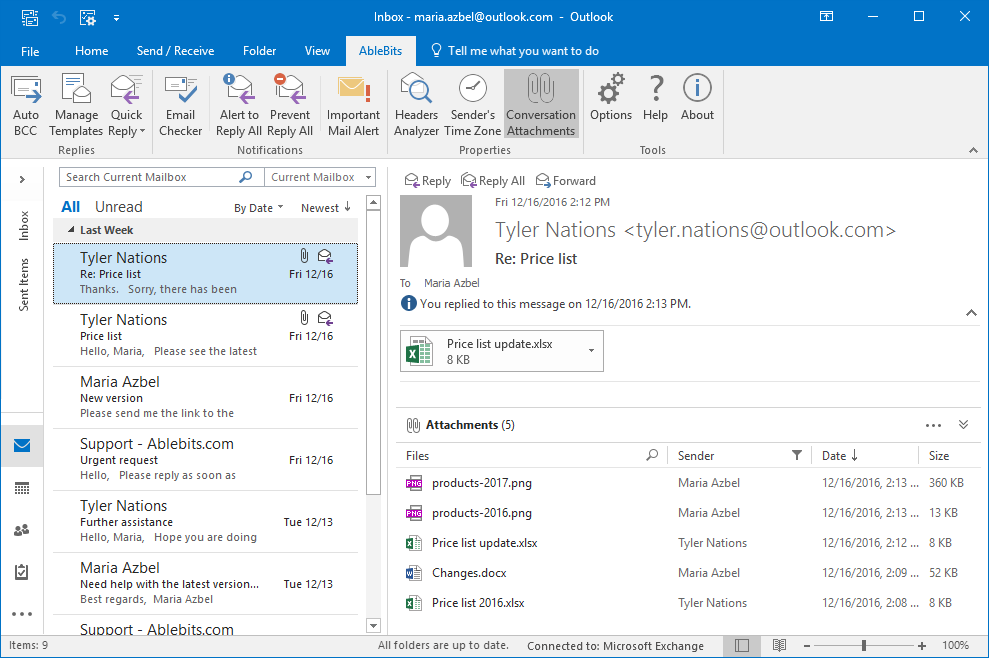 See all conversation-related attachments in one pane in Outlook