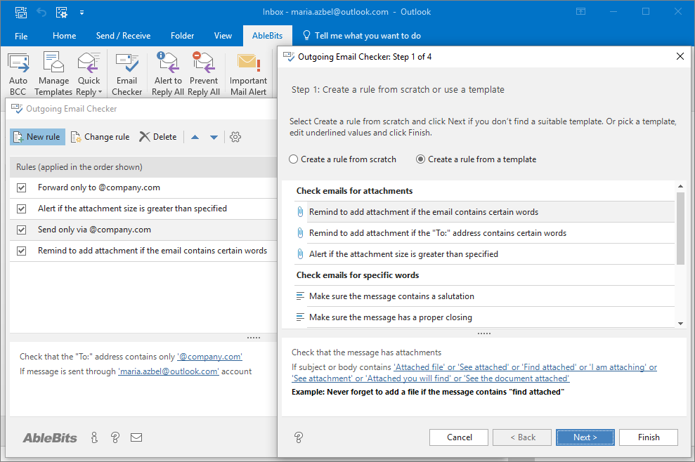 Use helpful templates to create rules for checking emails in Outlook