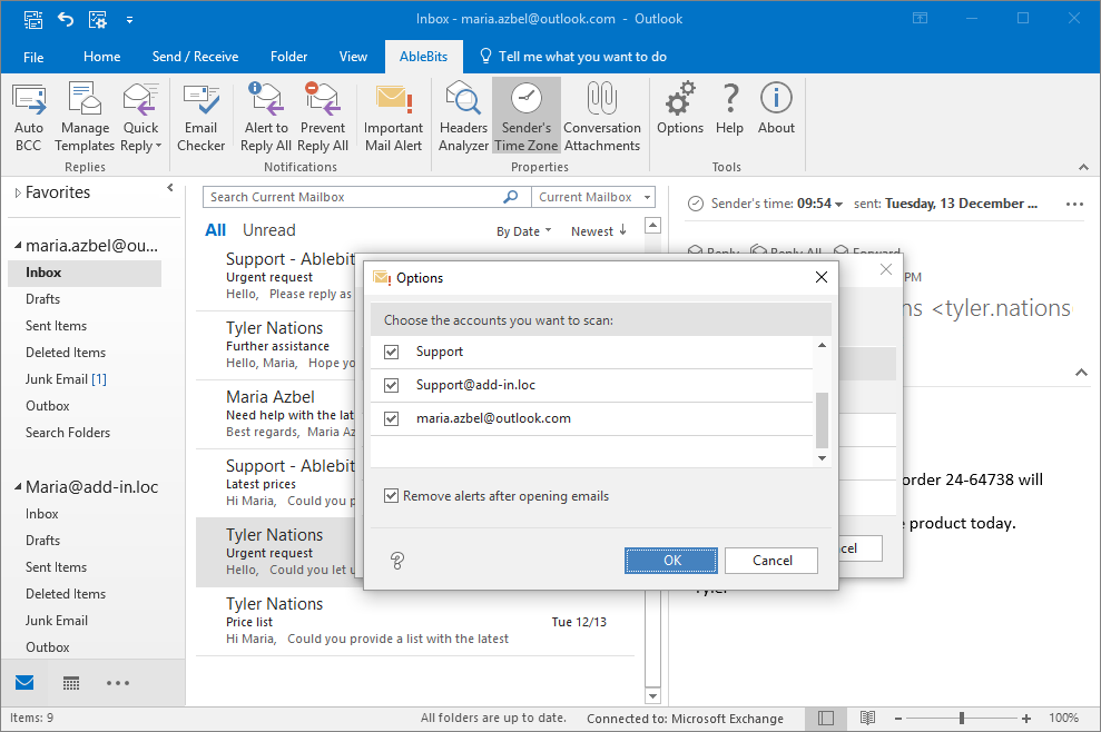 Choose to scan only some Outlook accounts for important emails