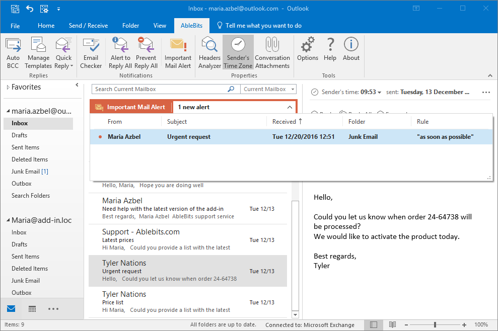 Open important messages right from the add-in pane in Outlook