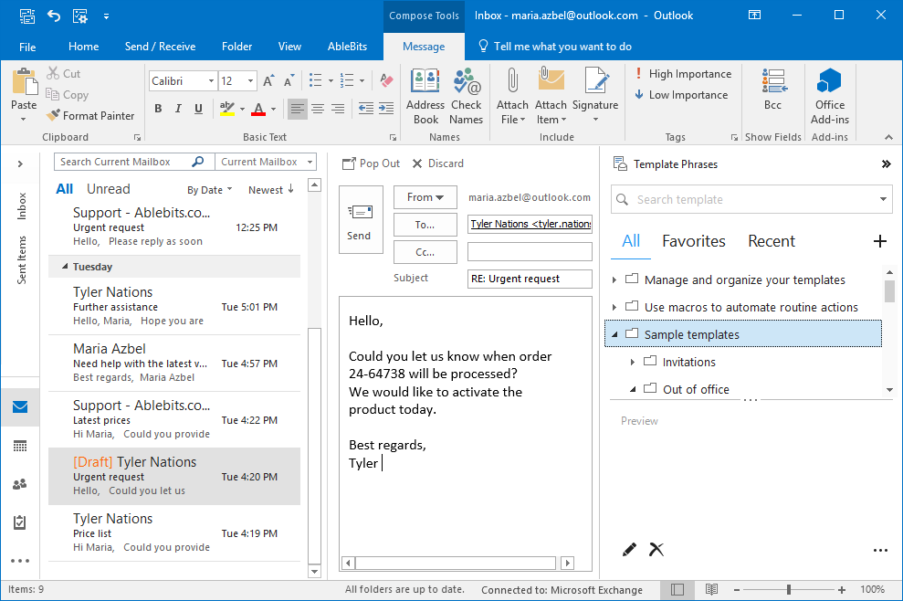 See Template Phrases next to the reading pane in Outlook 2013-2016