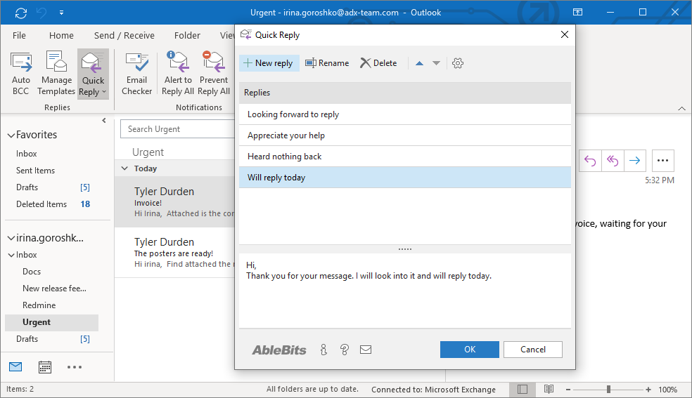 quick reply email in outlook