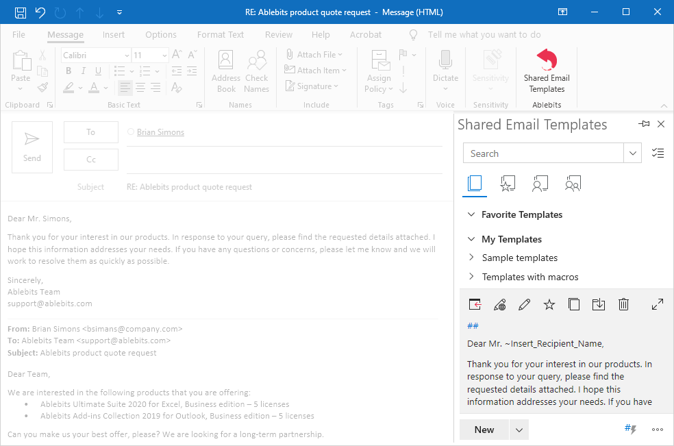 Outlook email templates shared, private, with fillable fields