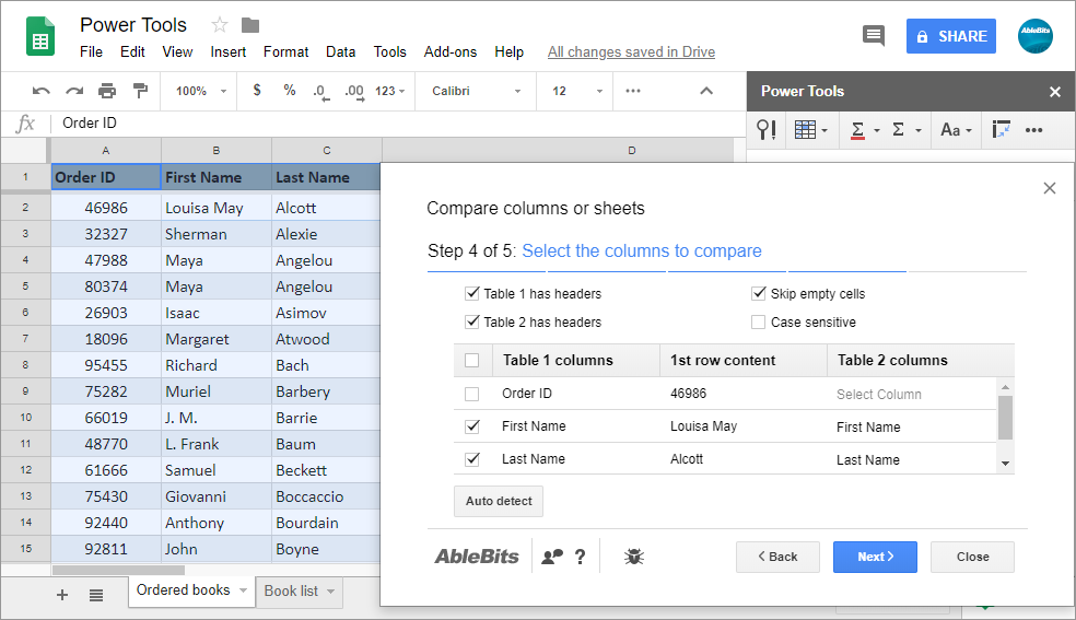 For the Compare Columns or Sheets tool, tick off those columns you want to compare