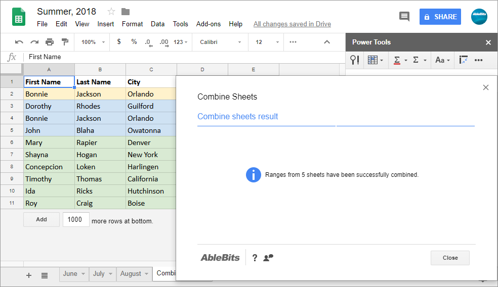 Combine Sheets will join data from multiple sheets into one sheet
