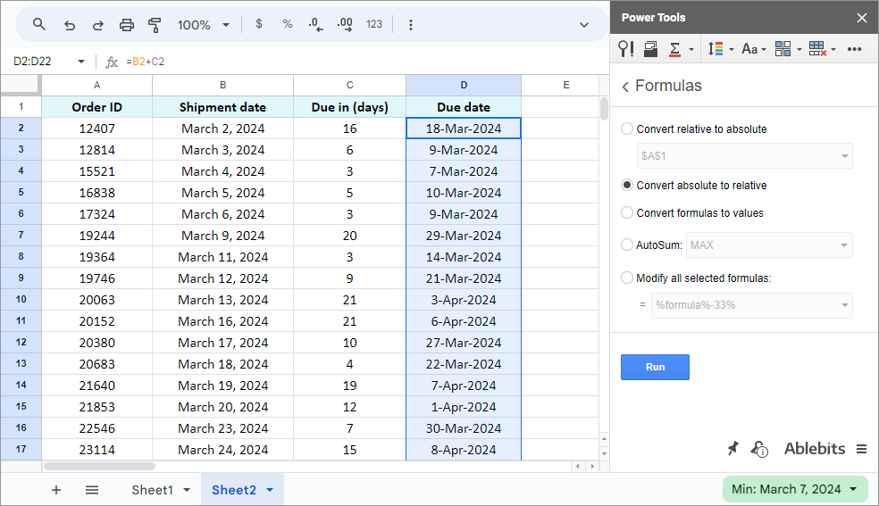 Change absolute cell references to relative to copy the formula down easily.