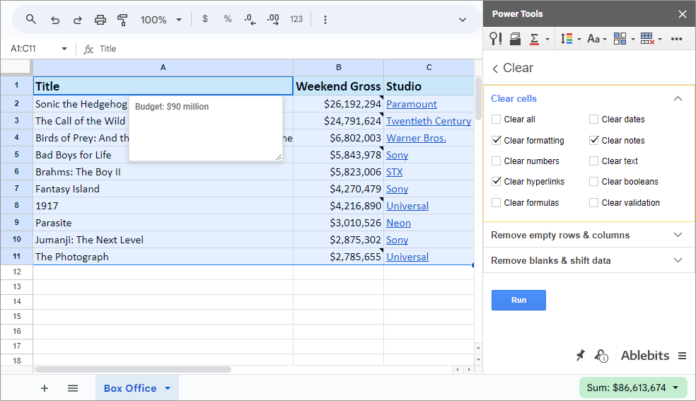 Check the spreadsheet for a particular data type and clear it if there's any.