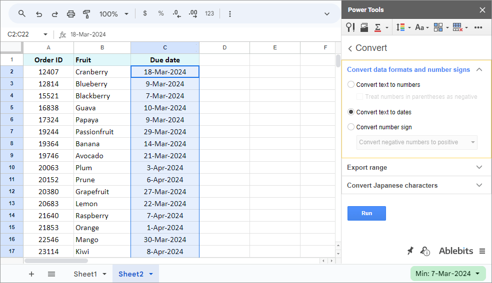 Convert text to numbers or dates to have the correct cells' Number format.