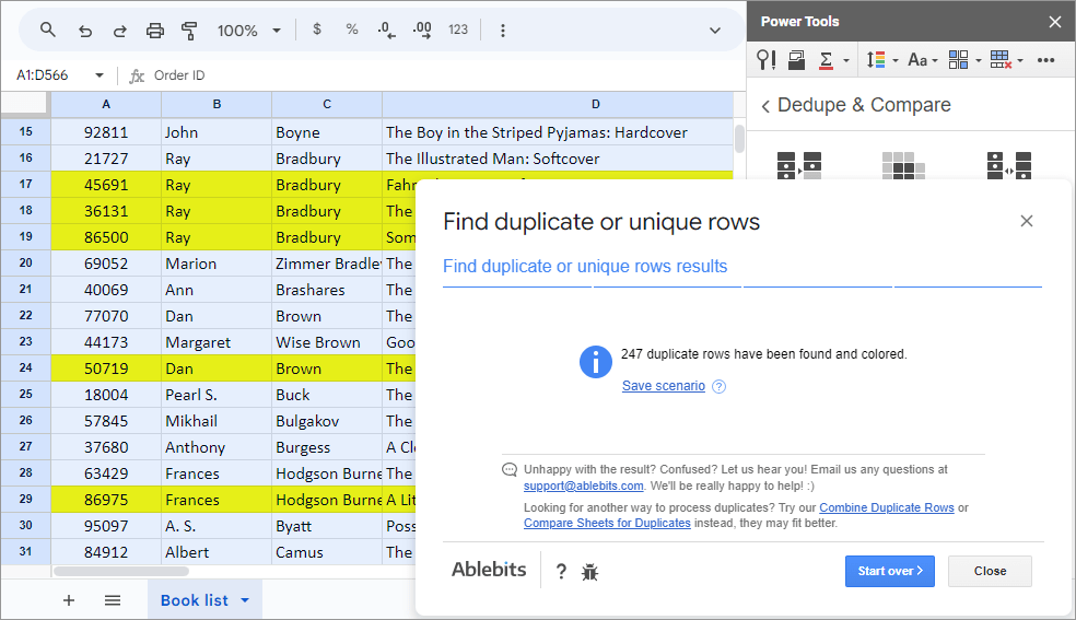 Find and highlight duplicates in Google Sheets using any of the 7 add-ons.