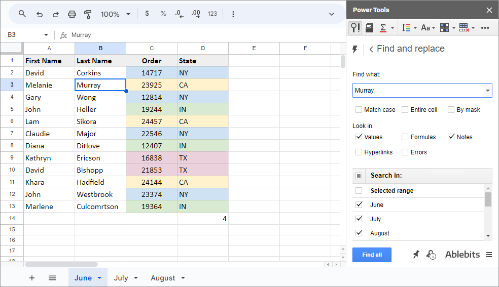 Find certain values in multiple sheets at once.