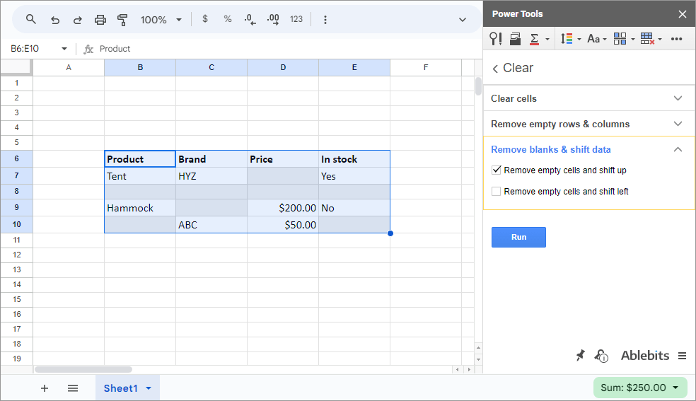 Remove empty cells from your table and shift data up.