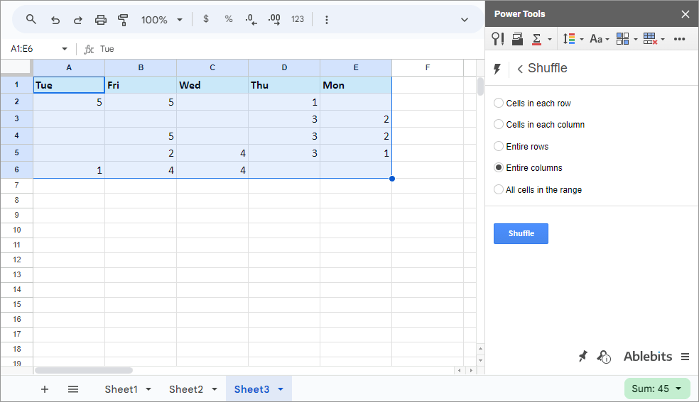 Shuffle cells within columns and rows or mix up entire columns or rows.
