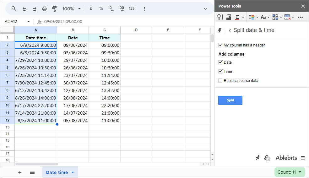 Split Date Time records to separate Date and Time units.