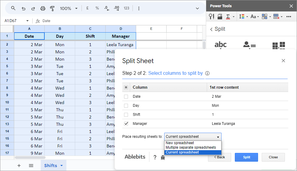 Split Google sheet by common data in columns.