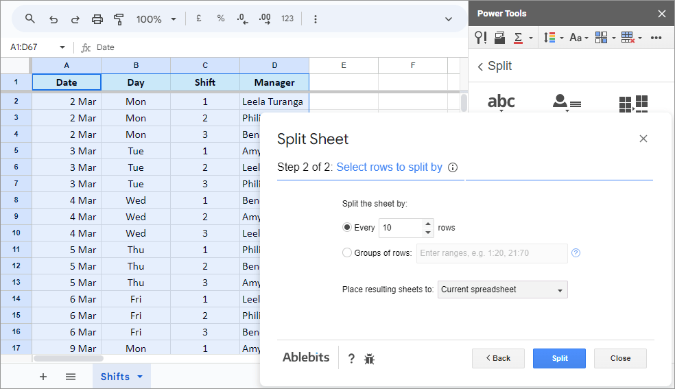 Split Google sheet by any number of rows.