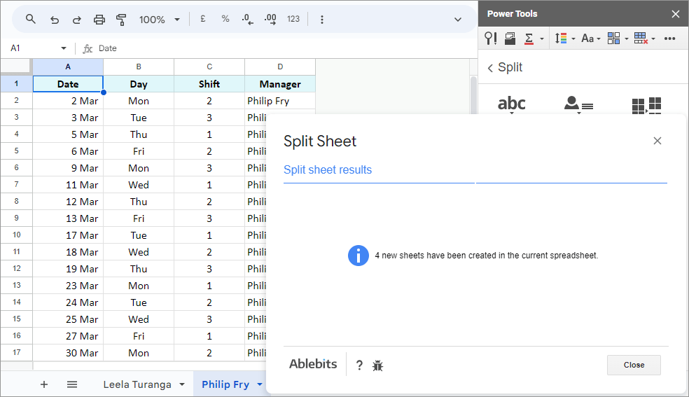 Split Google sheet into multiple sheets by data.