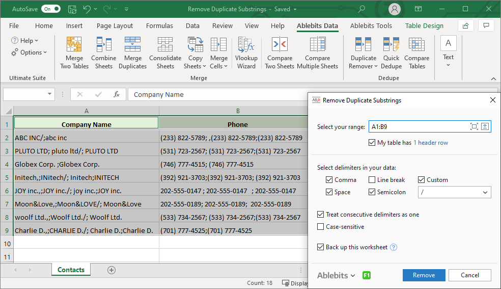 Select the table, pick or enter delimiters, and check a couple of options