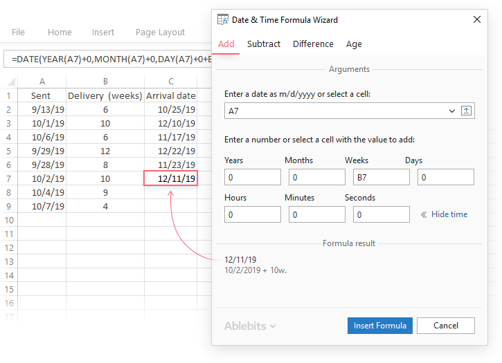 Add / Subrtract dates - Date & Time Formula Wizard for Excel