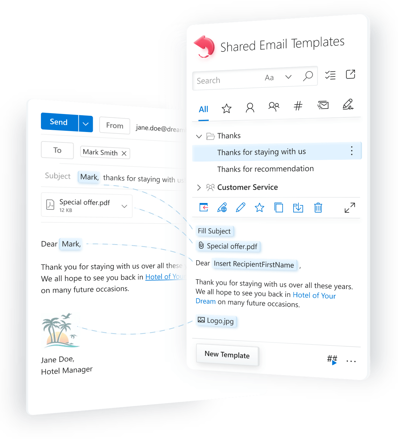 Outlook email templates: shared, personalized, easy customizable